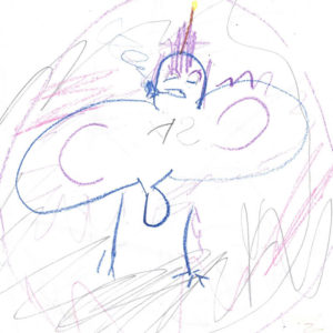 Hilarious kid art of large busted woman smoking. Or maybe a unicorn flying